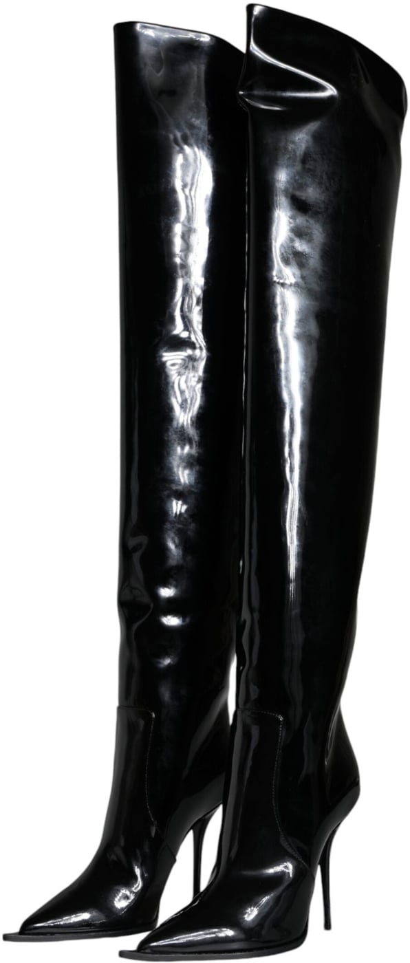 Dolce & Gabbana Black Patent Leather Knee High Boots Shoes