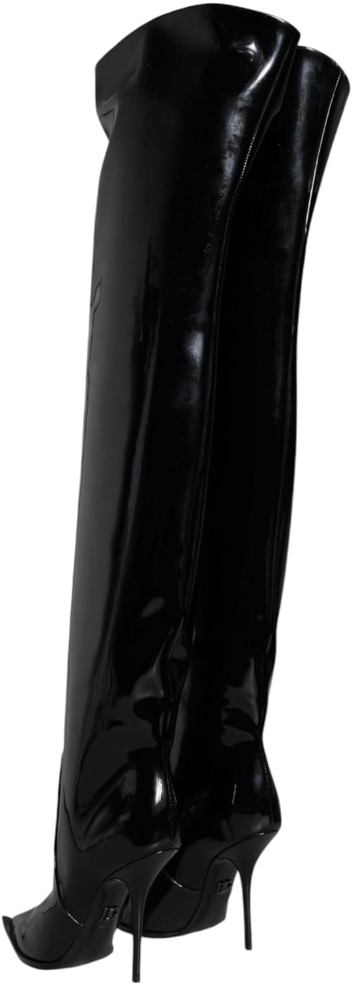Dolce & Gabbana Black Patent Leather Knee High Boots Shoes