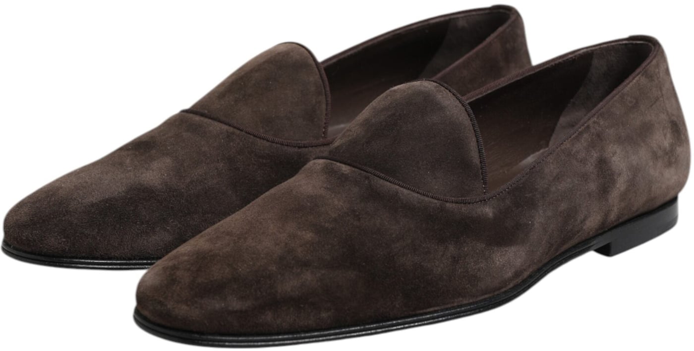Dolce & Gabbana Brown Velvet Leather Slip On Loafers Shoes