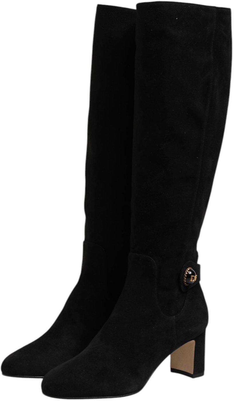 Dolce & Gabbana Black Suede Leather Knee High Boots Shoes