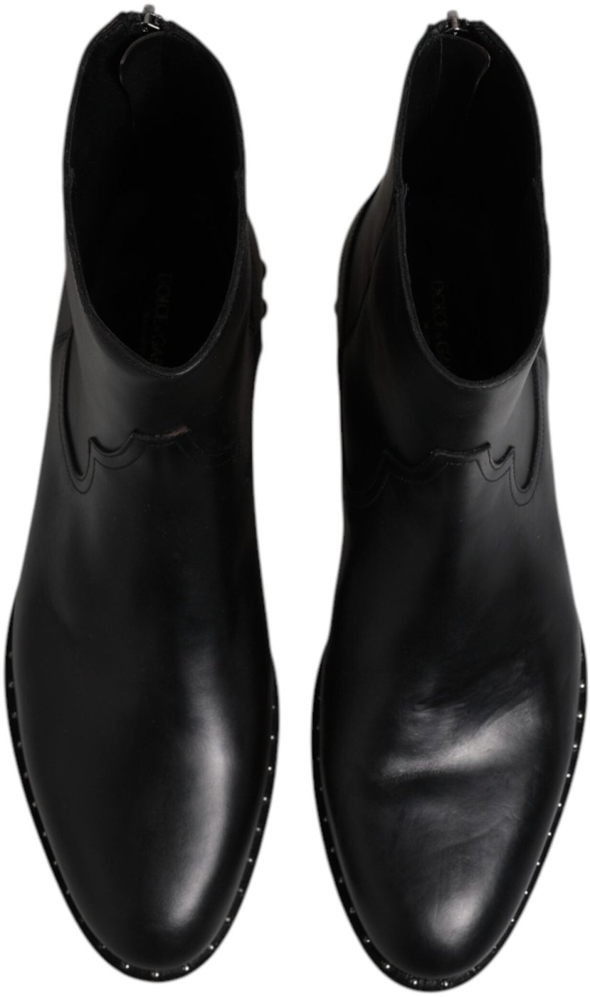 Dolce & Gabbana Black Leather Logo Ankle Boots Studded Shoes
