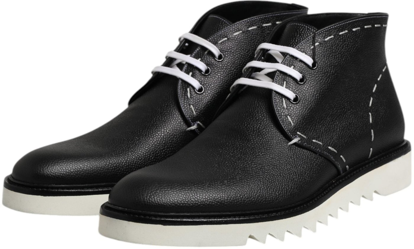 Dolce & Gabbana Black White Leather Ankle Boots Shoes