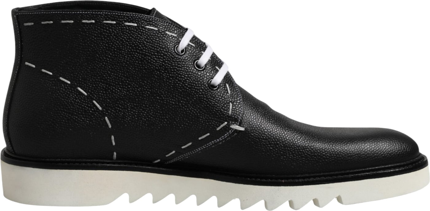 Dolce & Gabbana Black White Leather Ankle Boots Shoes