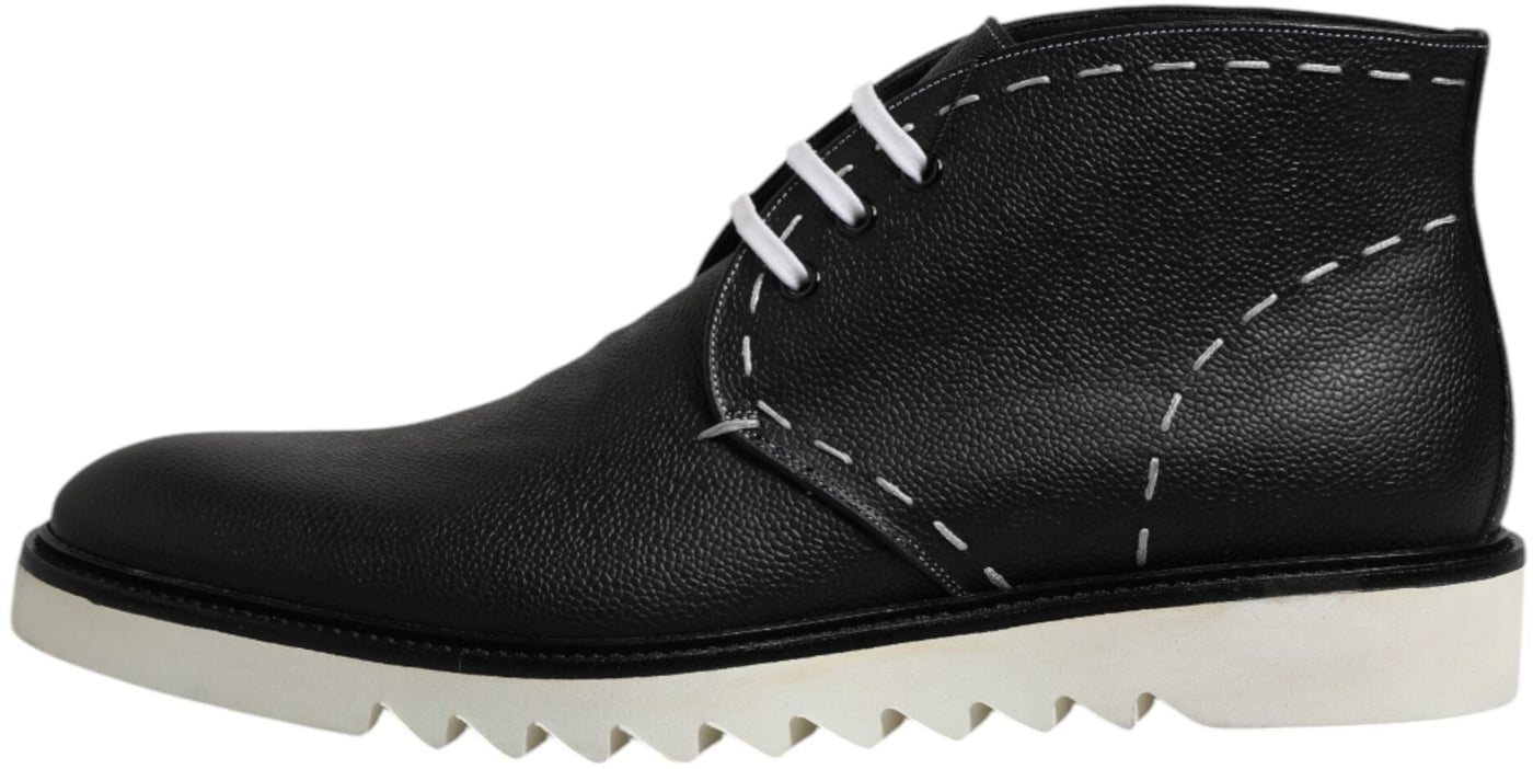 Dolce & Gabbana Black White Leather Ankle Boots Shoes