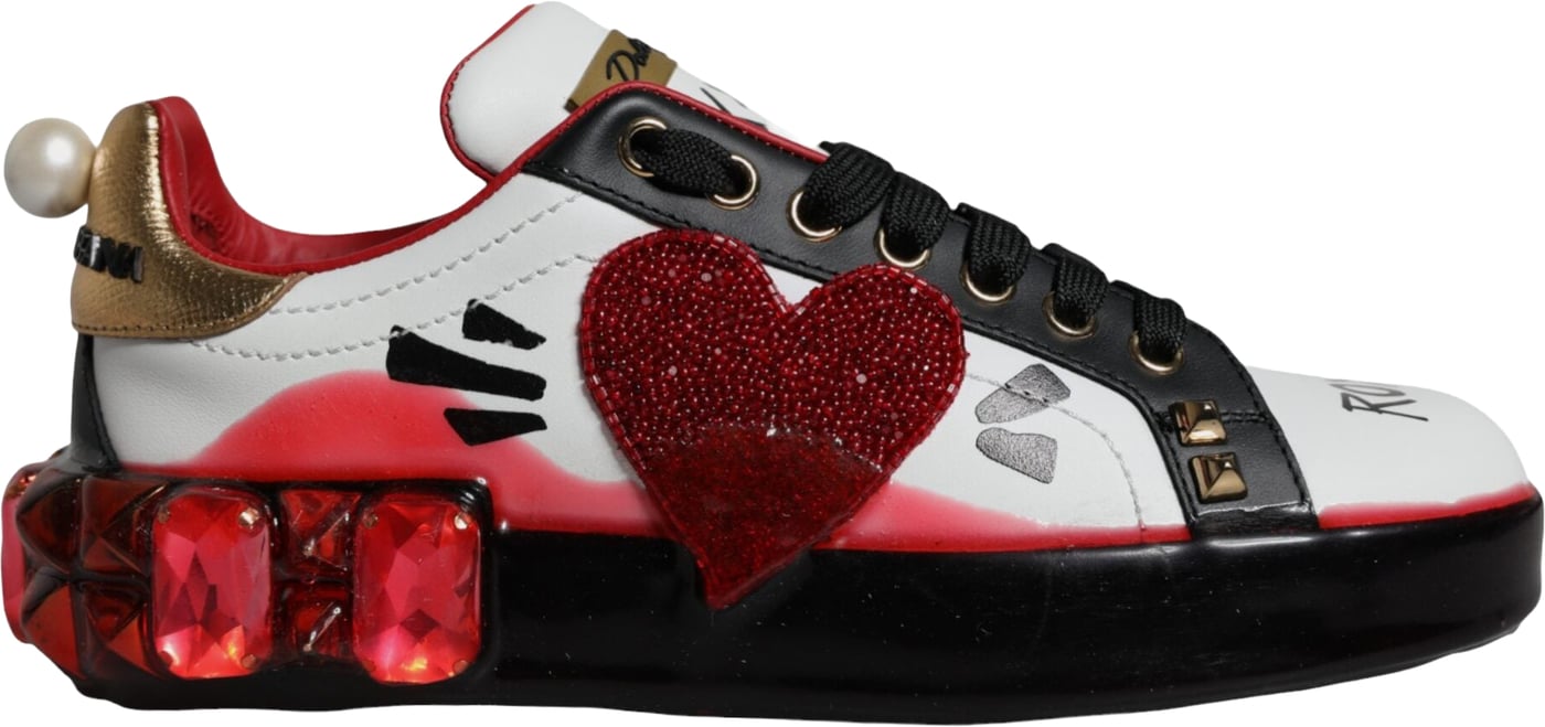 Dolce & Gabbana White Red Crystals Leather Portofino Sneakers Shoes
