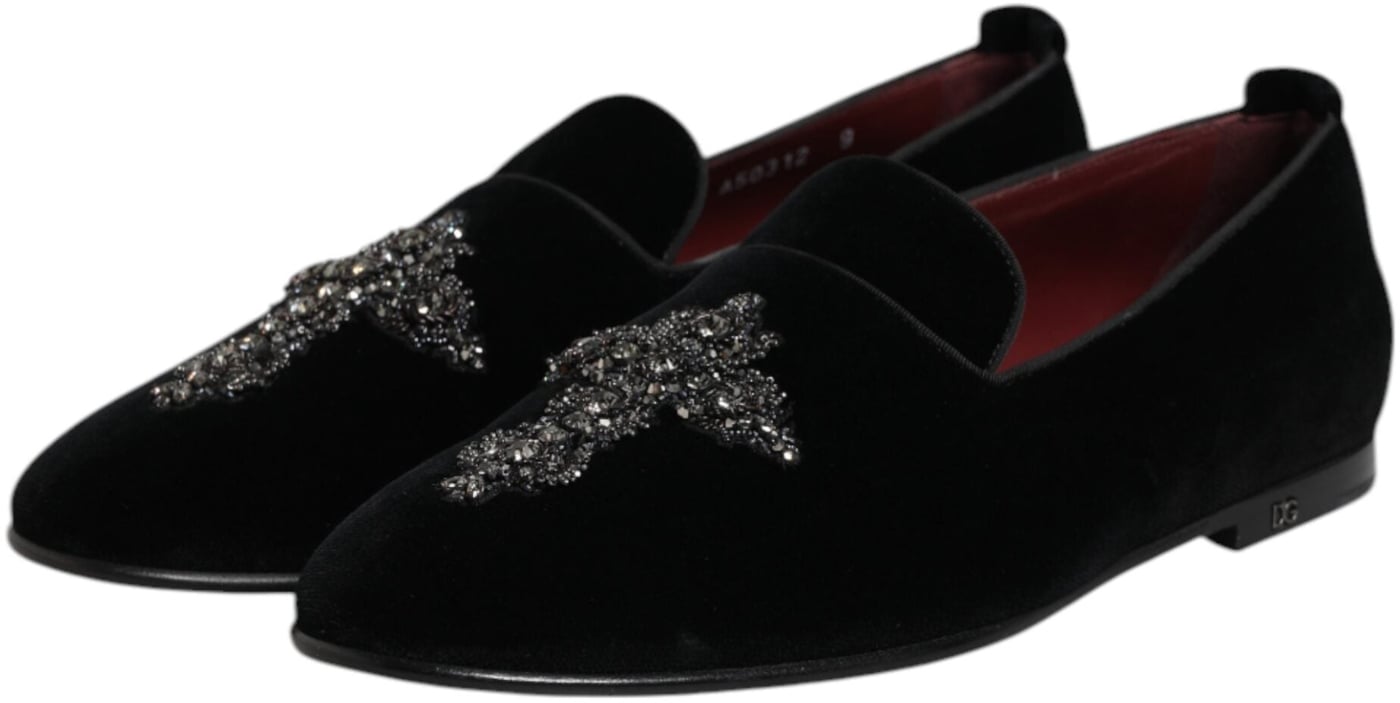 Dolce & Gabbana Black Velvet Embellished Loafer Slip On Shoes