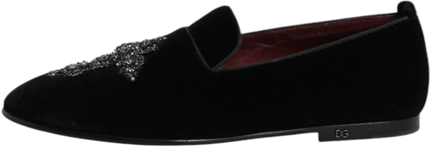 Dolce & Gabbana Black Velvet Embellished Loafer Slip On Shoes