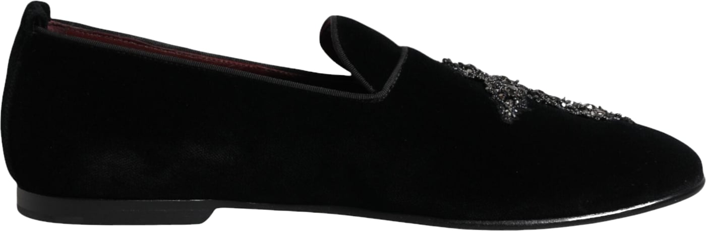 Dolce & Gabbana Black Velvet Embellished Loafer Slip On Shoes