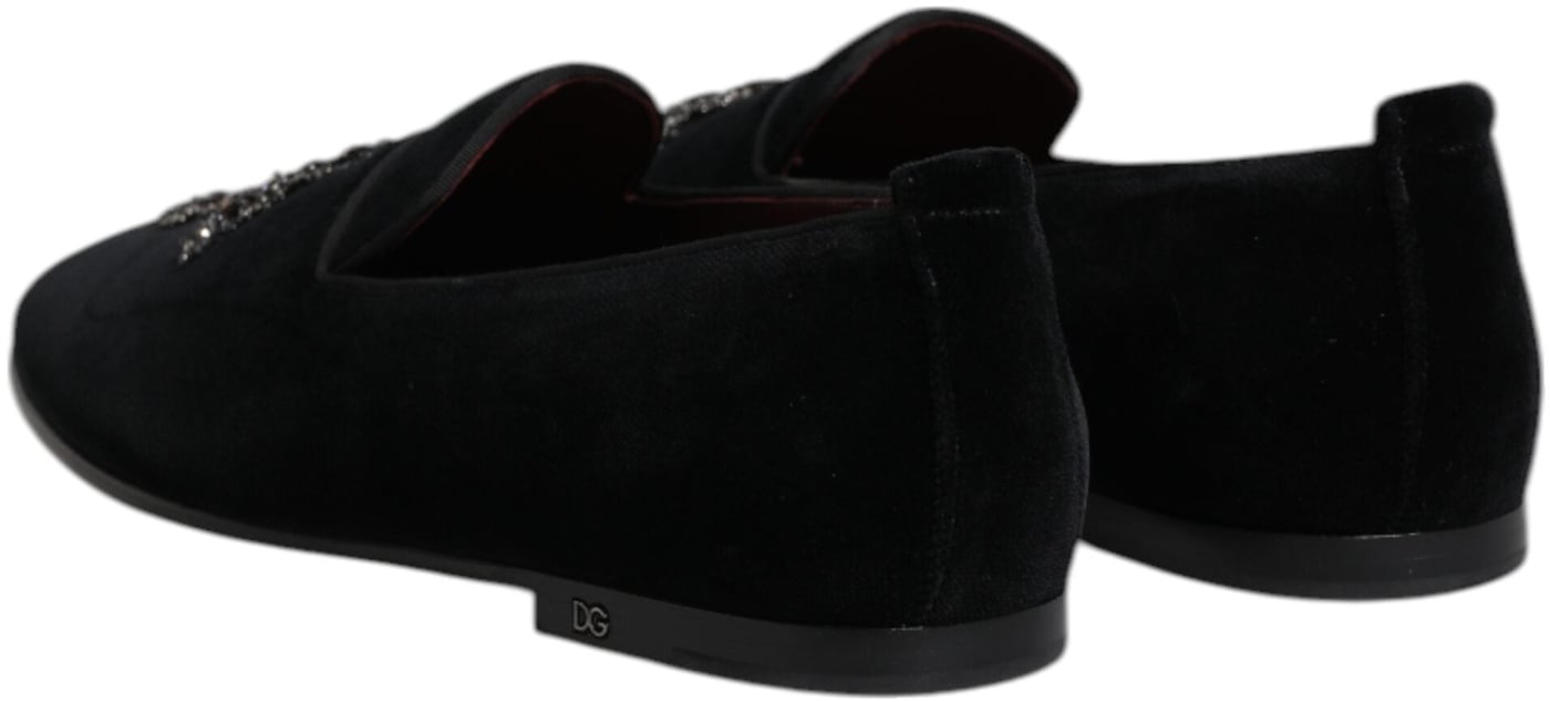 Dolce & Gabbana Black Velvet Embellished Loafer Slip On Shoes
