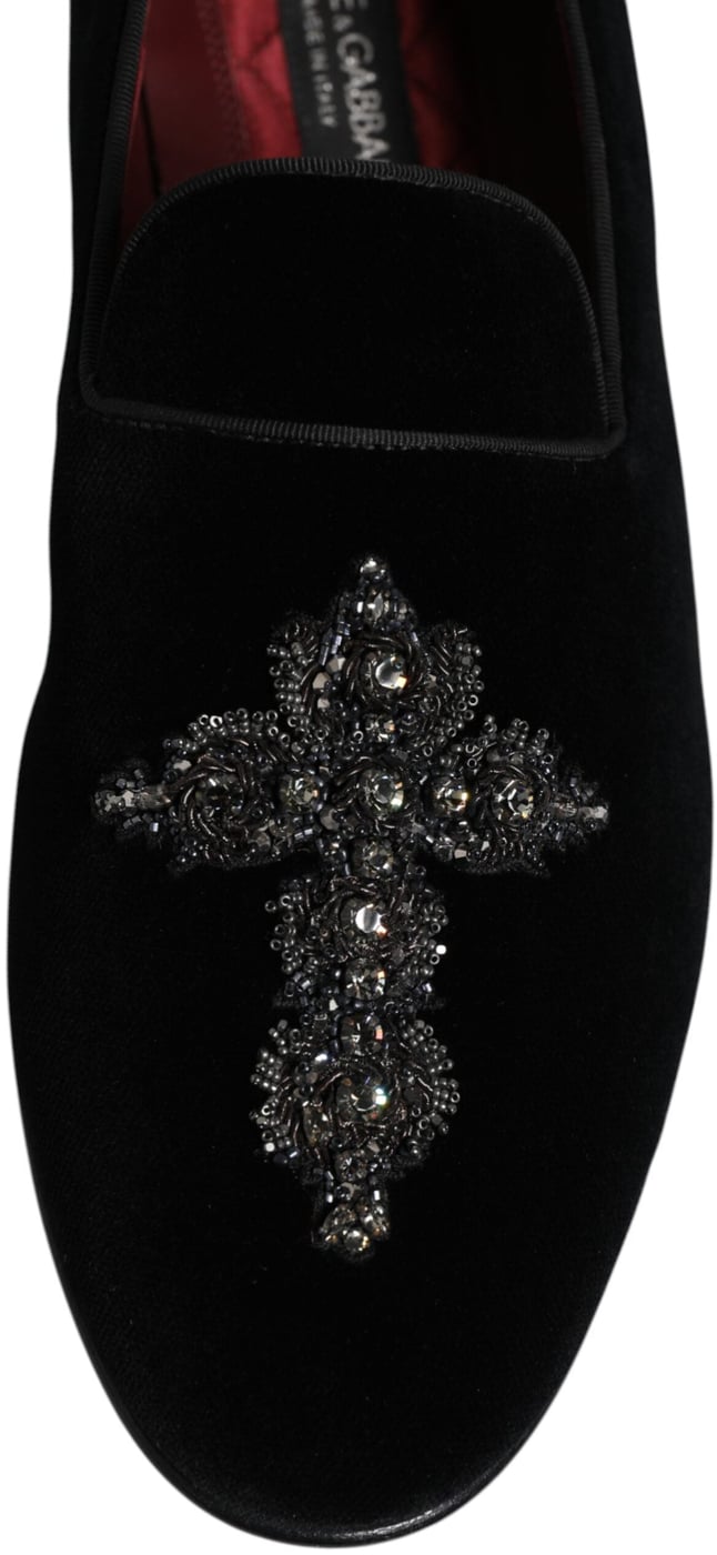 Dolce & Gabbana Black Velvet Embellished Loafer Slip On Shoes