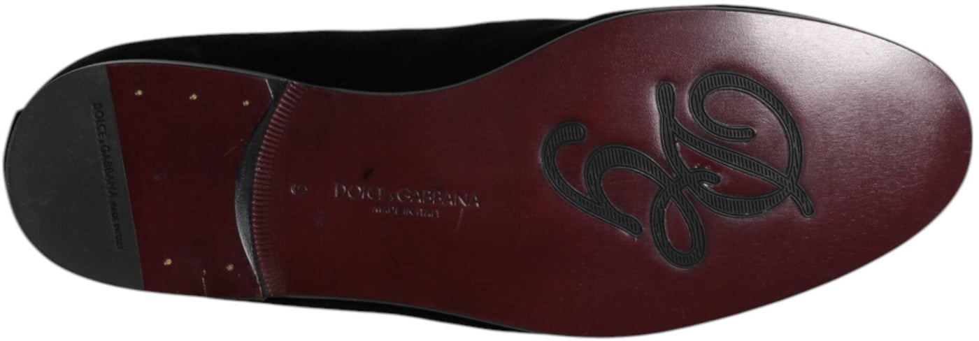Dolce & Gabbana Black Velvet Embellished Loafer Slip On Shoes