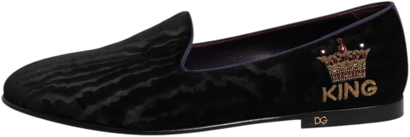 Dolce & Gabbana Black DG Crown Embroidery Loafers Slip On Shoes