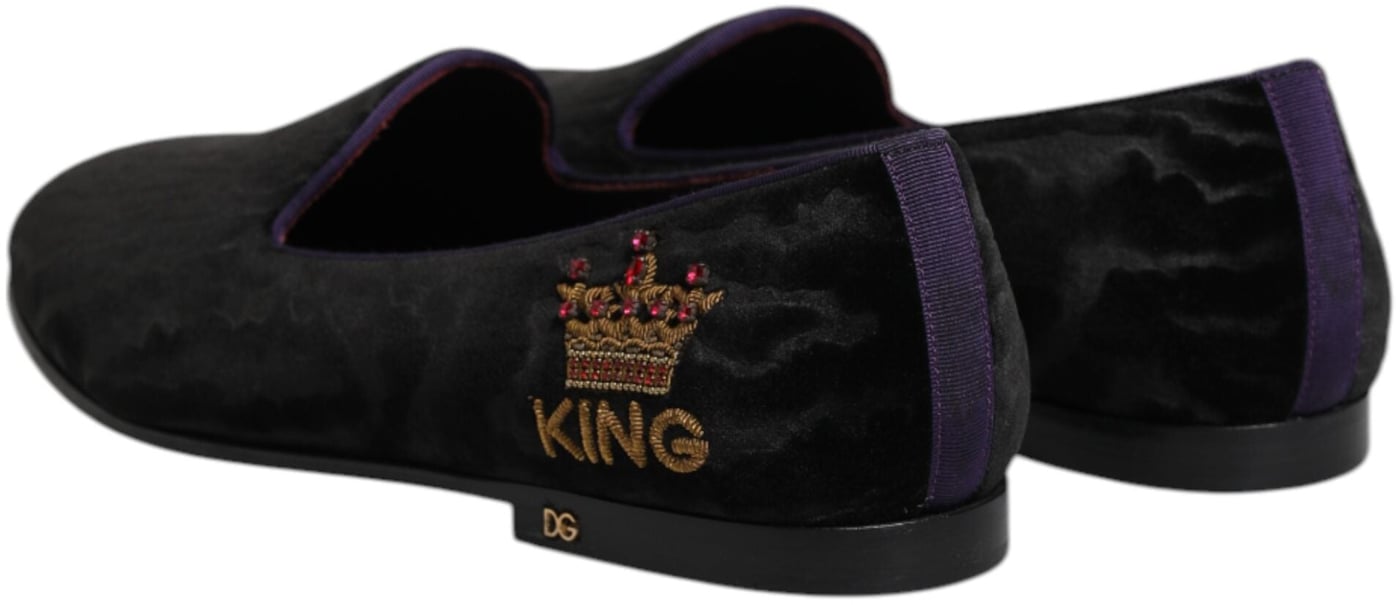 Dolce & Gabbana Black DG Crown Embroidery Loafers Slip On Shoes
