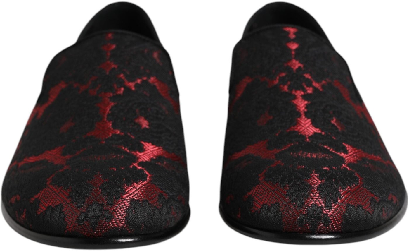Dolce & Gabbana Red Black Jacquard Slip On Men Loafers Shoes