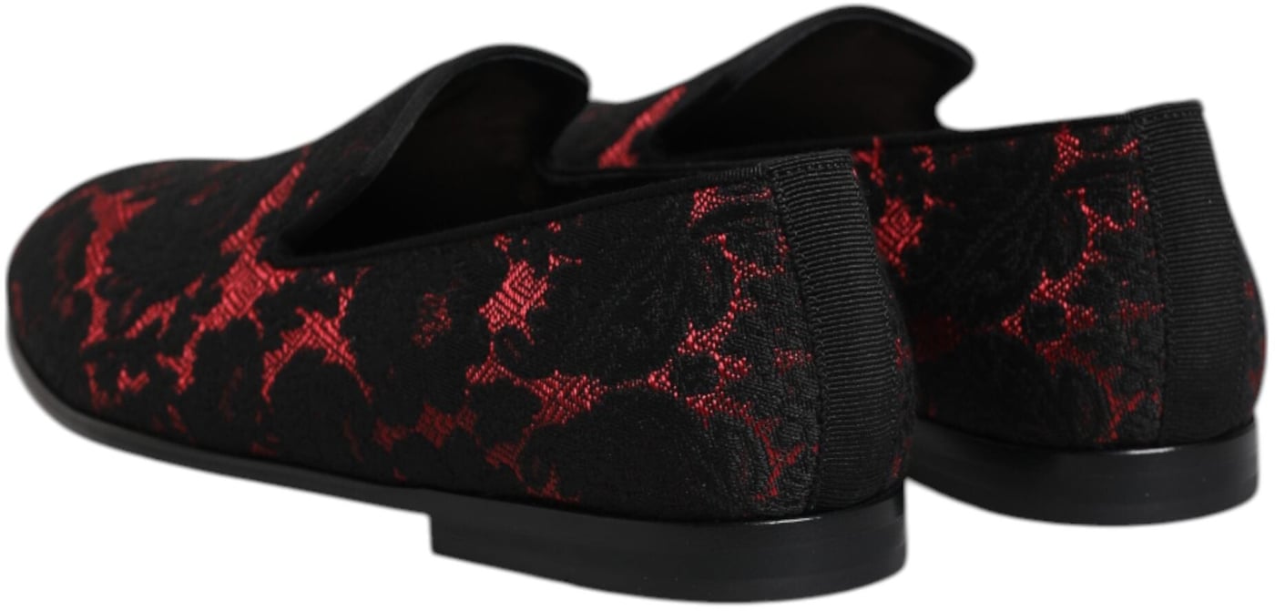 Dolce & Gabbana Red Black Jacquard Slip On Men Loafers Shoes