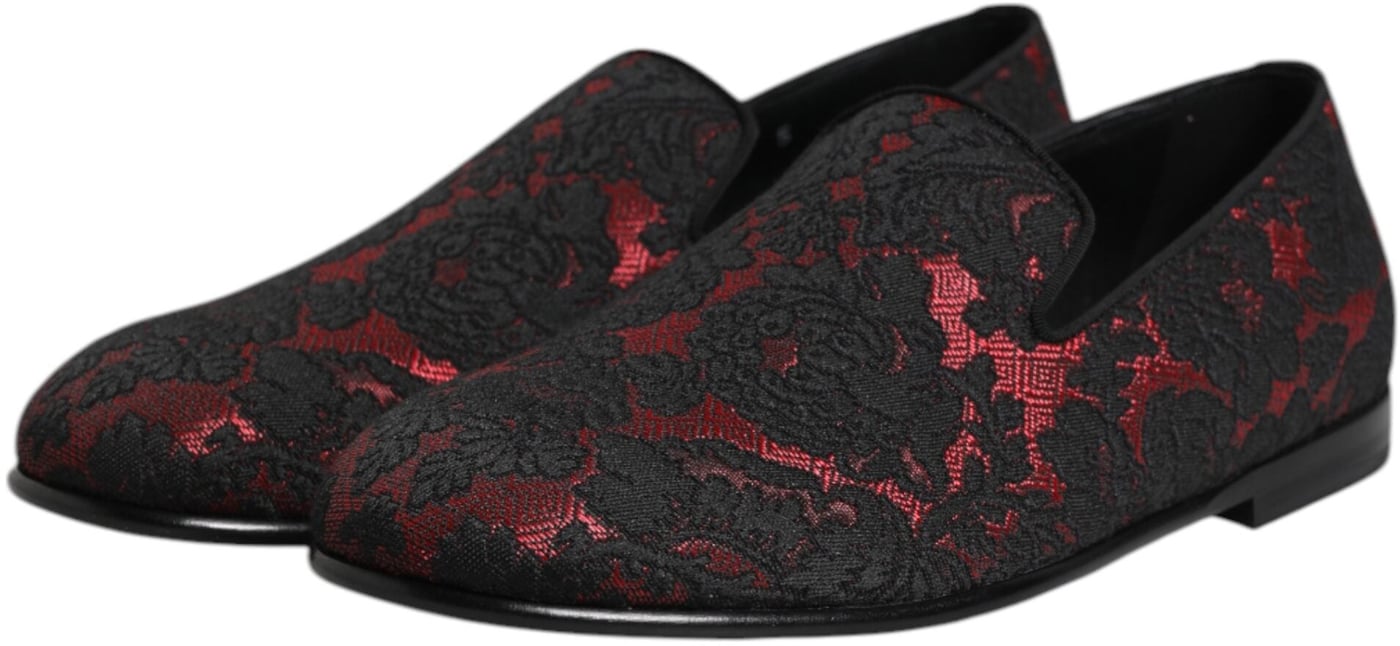 Dolce & Gabbana Red Black Jacquard Slip On Men Loafers Shoes