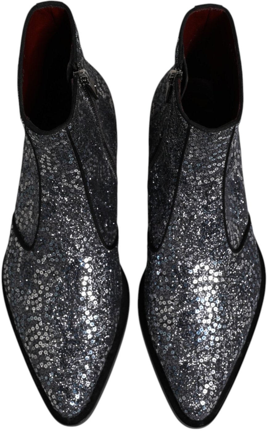 Dolce & Gabbana Dark Gray Cotton Sequined Chelsea Boots Shoes