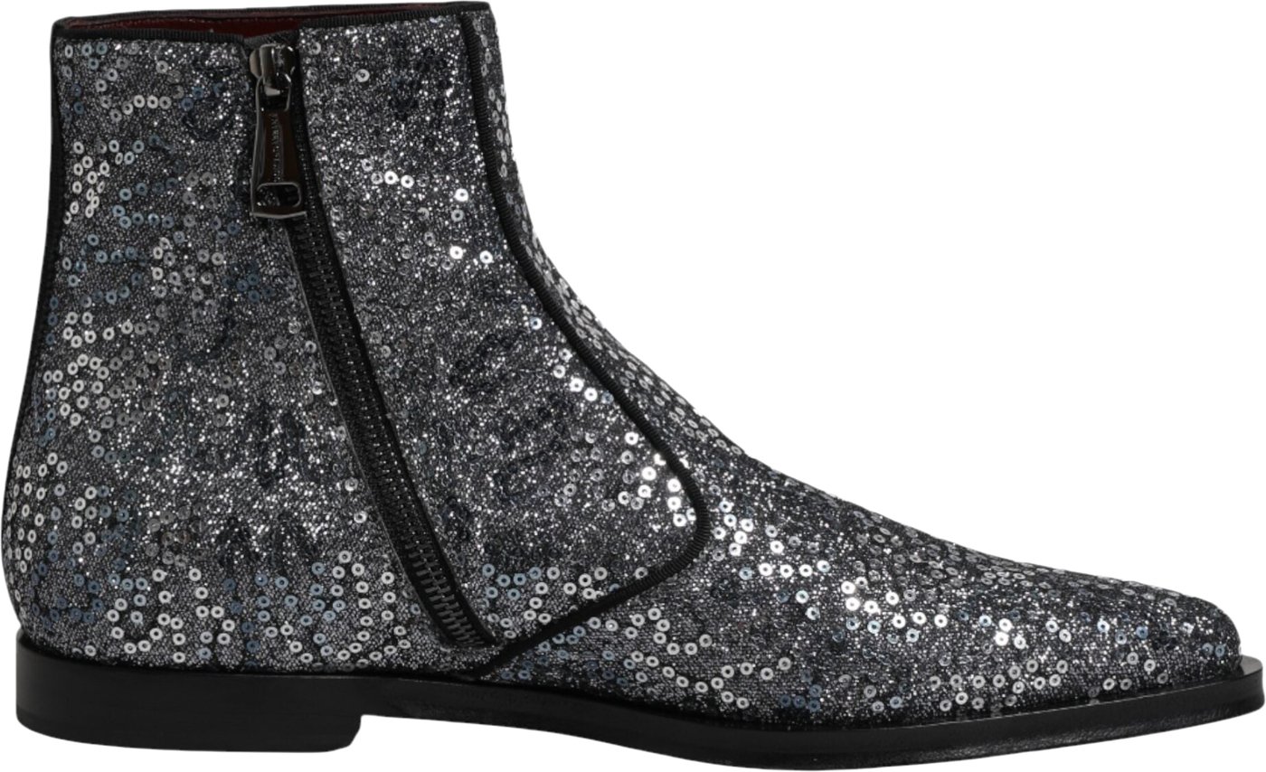 Dolce & Gabbana Dark Gray Cotton Sequined Chelsea Boots Shoes