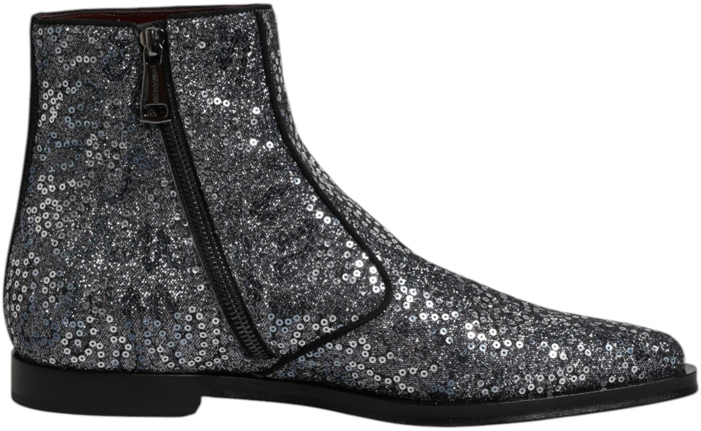 Dolce & Gabbana Dark Gray Cotton Sequined Chelsea Boots Shoes