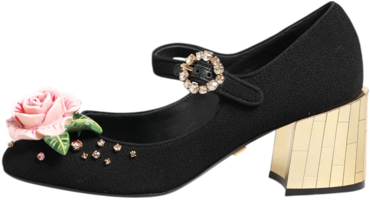 Dolce & Gabbana Black Flower Crystal Embellished Mary Jane Shoes