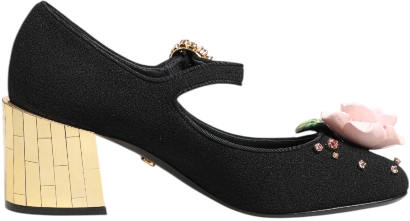 Dolce & Gabbana Black Flower Crystal Embellished Mary Jane Shoes