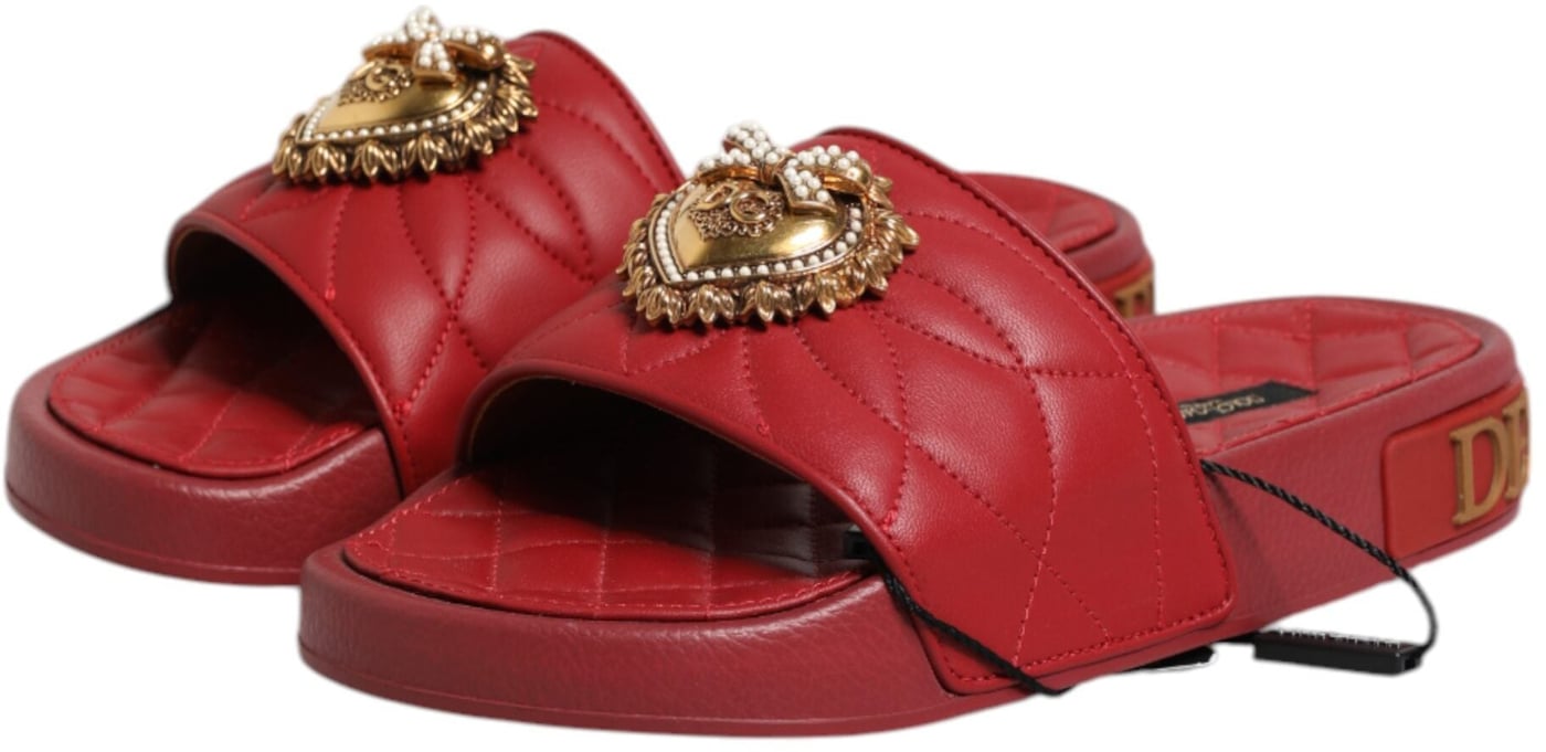 Dolce & Gabbana Red Devotion Matelassé Leather Slides Shoes