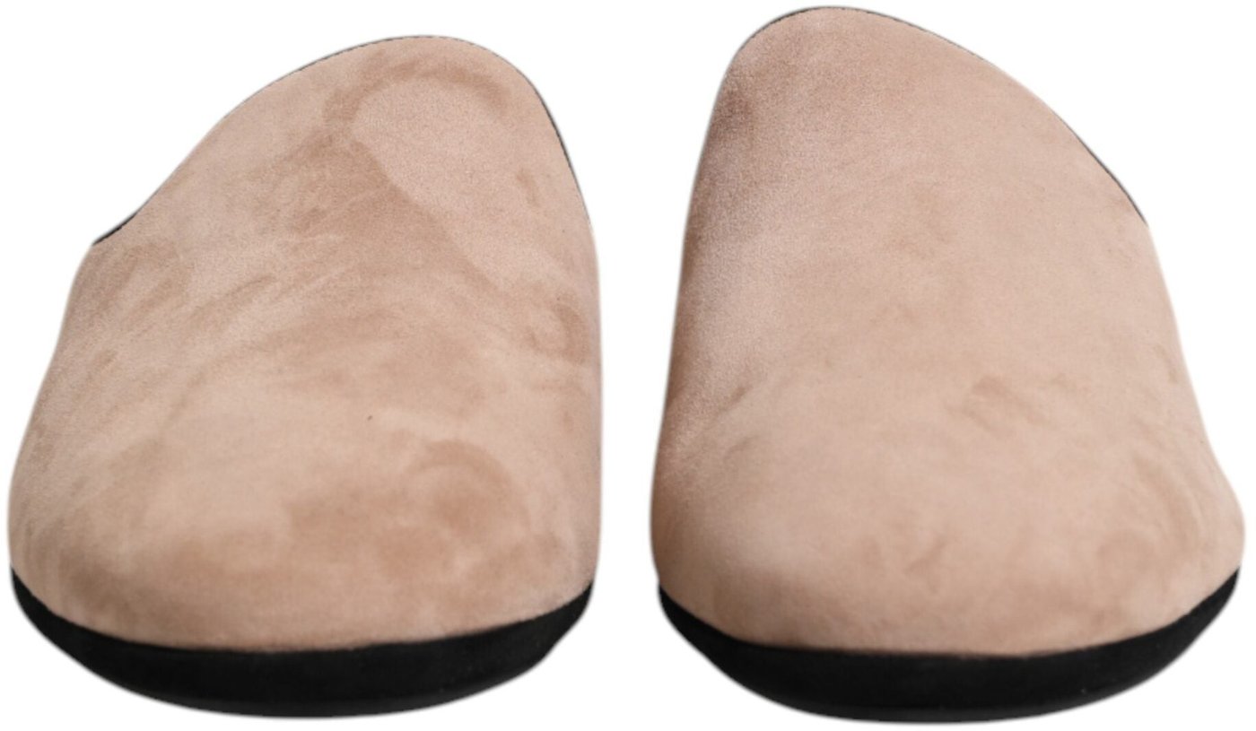 Dolce & Gabbana Beige Suede Leather Slides Flat Slipper Shoes
