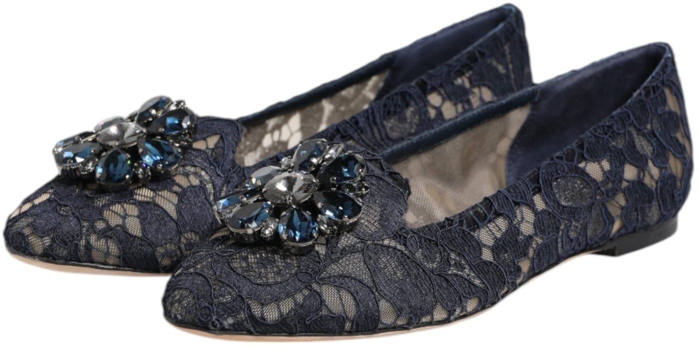 Dolce & Gabbana Blue Taormina Lace Crystals Flats Shoes