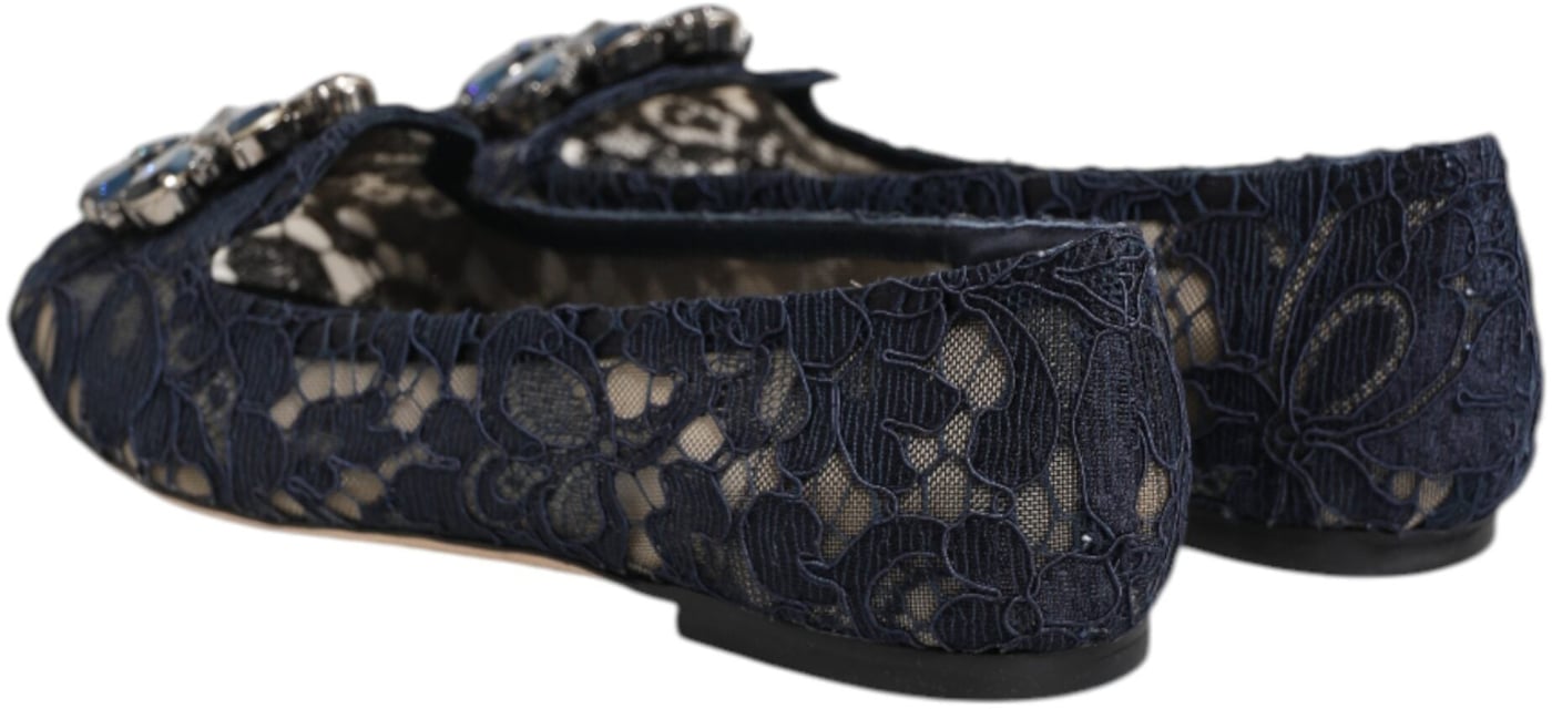 Dolce & Gabbana Blue Taormina Lace Crystals Flats Shoes