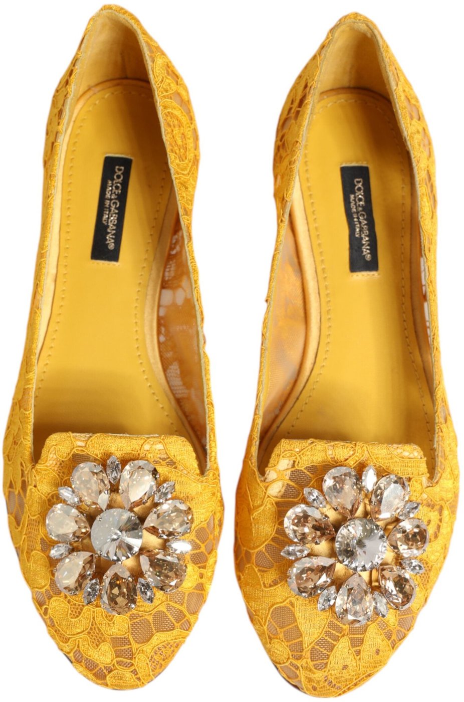 Dolce & Gabbana Yellow Taormina Lace Crystals Flats Shoes