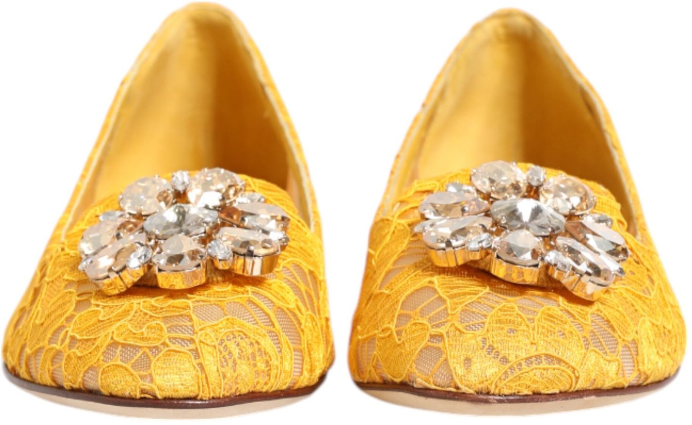 Dolce & Gabbana Yellow Taormina Lace Crystals Flats Shoes