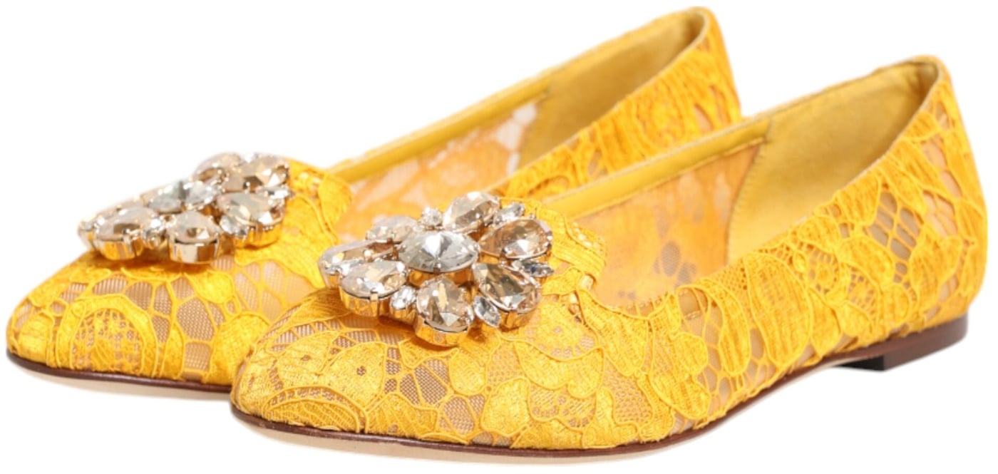 Dolce & Gabbana Yellow Taormina Lace Crystals Flats Shoes