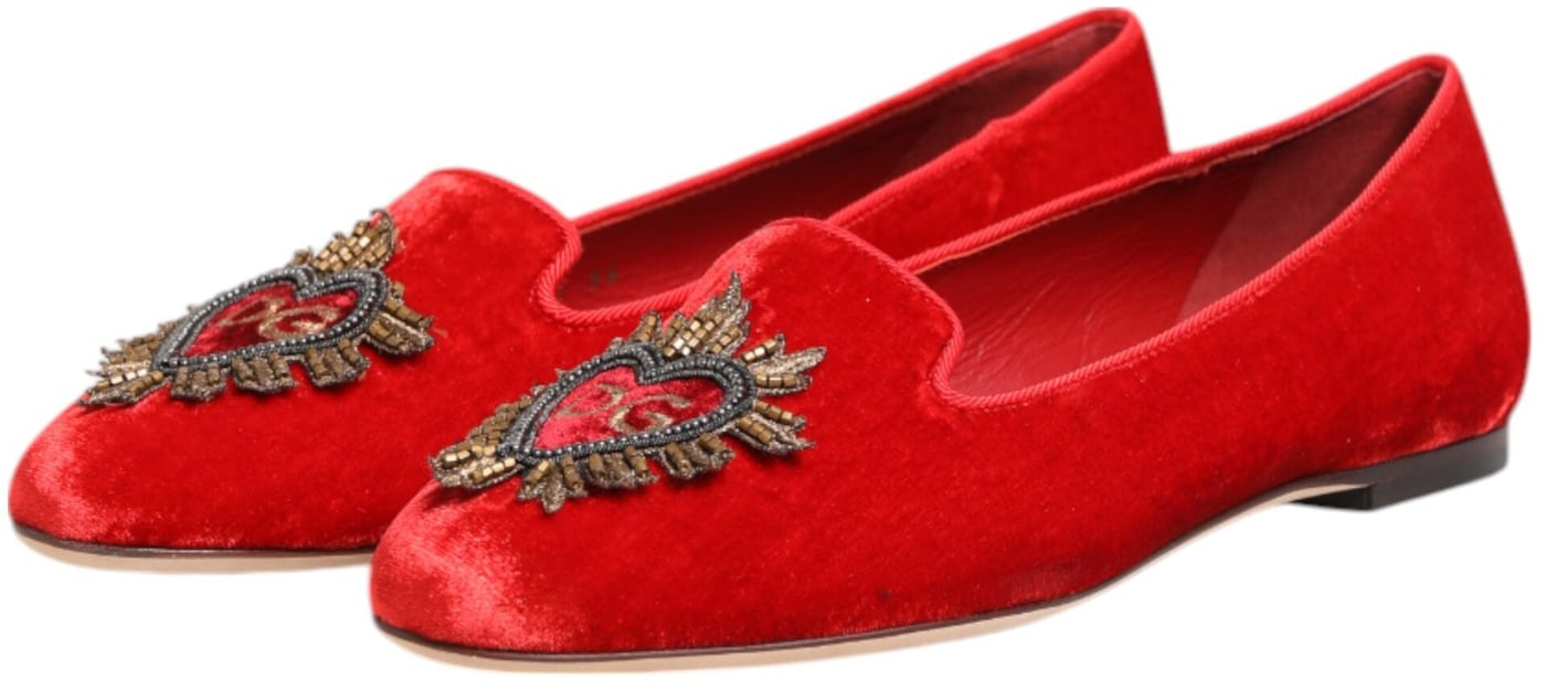 Dolce & Gabbana Red Velvet DG Heart Loafers Flats Shoes
