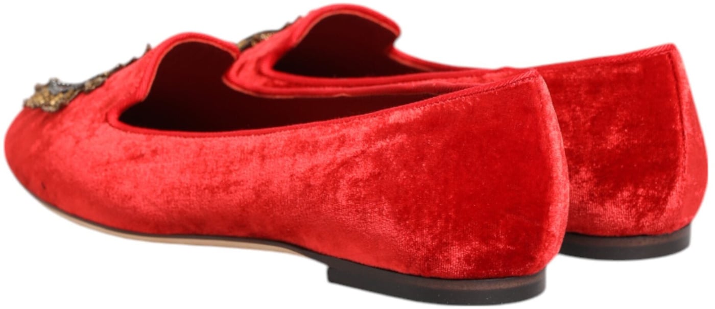 Dolce & Gabbana Red Velvet DG Heart Loafers Flats Shoes