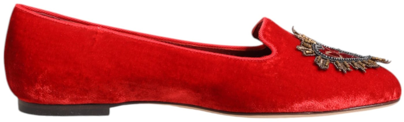 Dolce & Gabbana Red Velvet DG Heart Loafers Flats Shoes