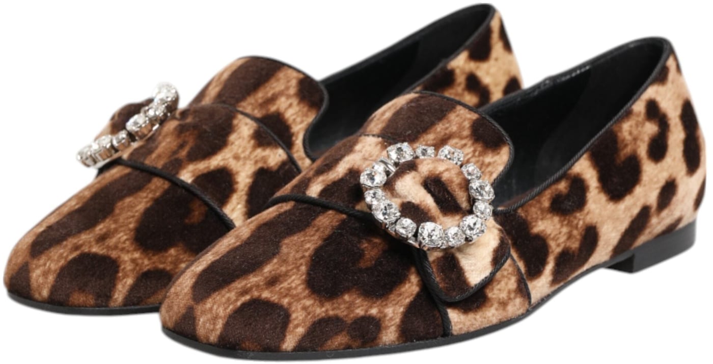 Dolce & Gabbana Brown Leopard Print Crystals Loafers Flats Shoes