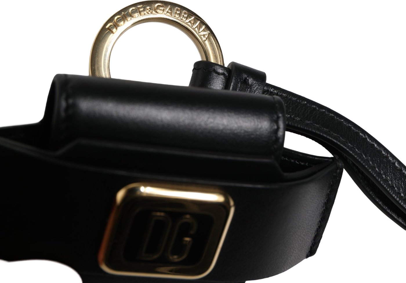 Dolce & Gabbana Black Leather Strap Gold Metal Logo Plaque Airpods Case