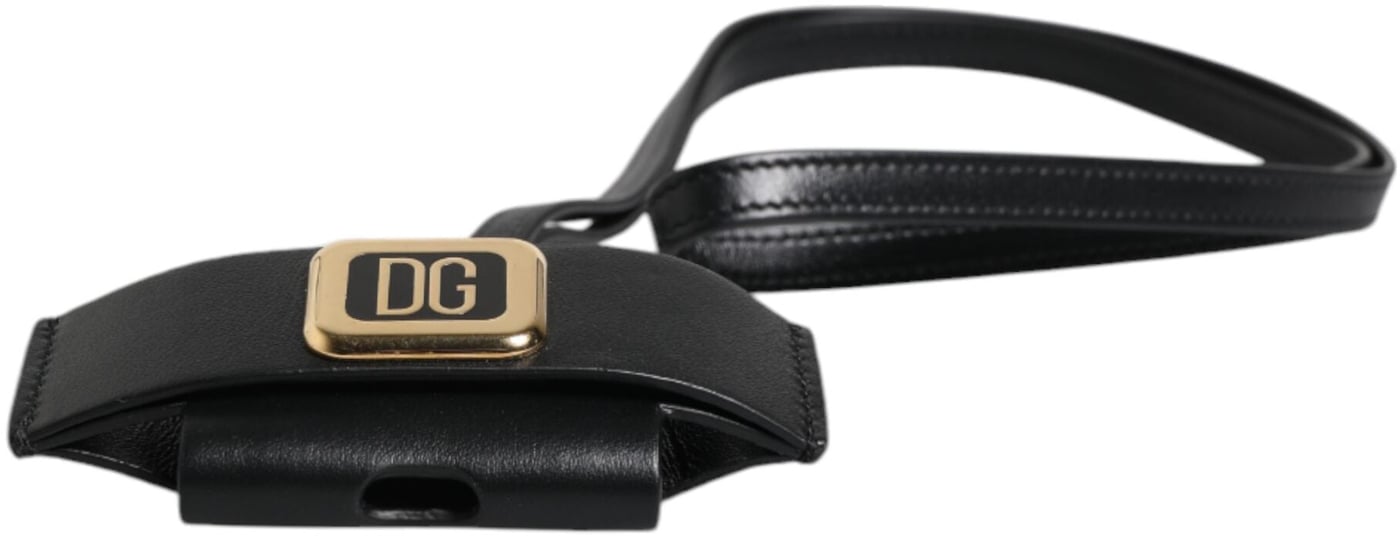 Dolce & Gabbana Black Leather Strap Gold Metal Logo Plaque Airpods Case