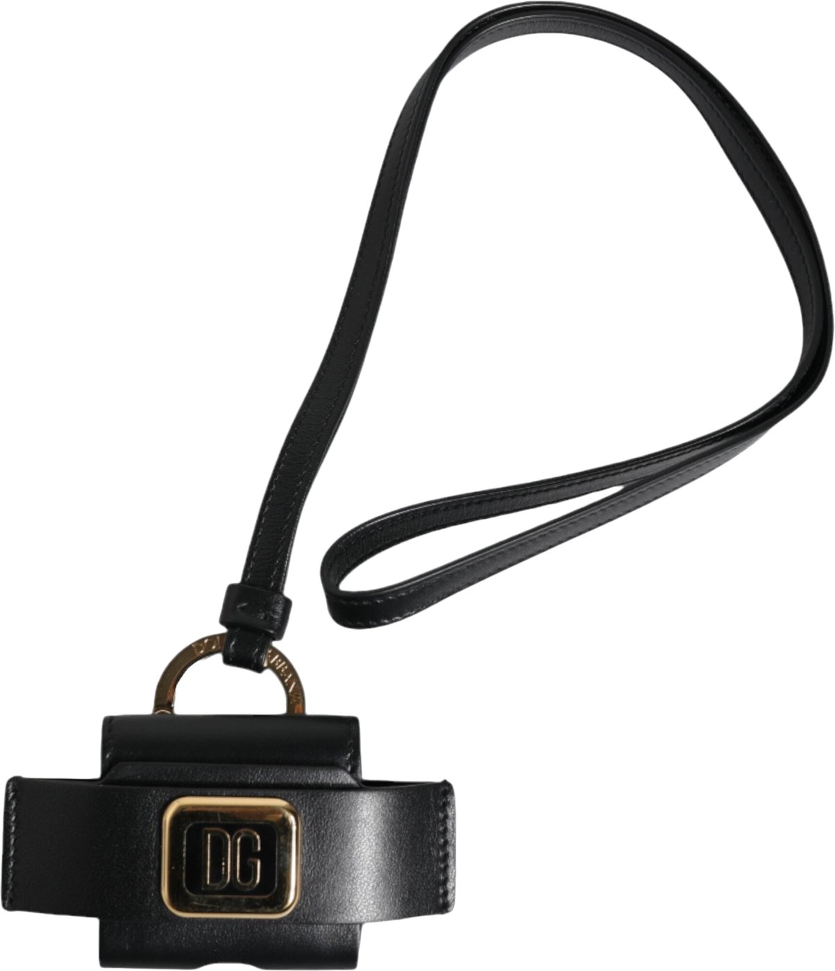 Dolce & Gabbana Black Leather Strap Gold Metal Logo Plaque Airpods Case