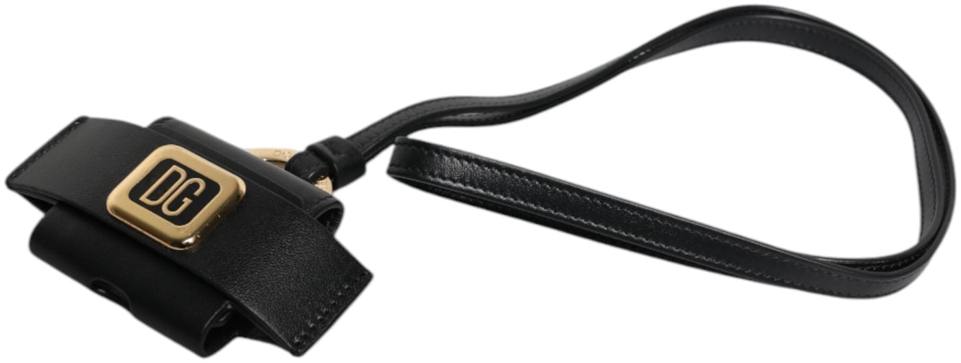 Dolce & Gabbana Black Leather Strap Gold Metal Logo Plaque Airpods Case