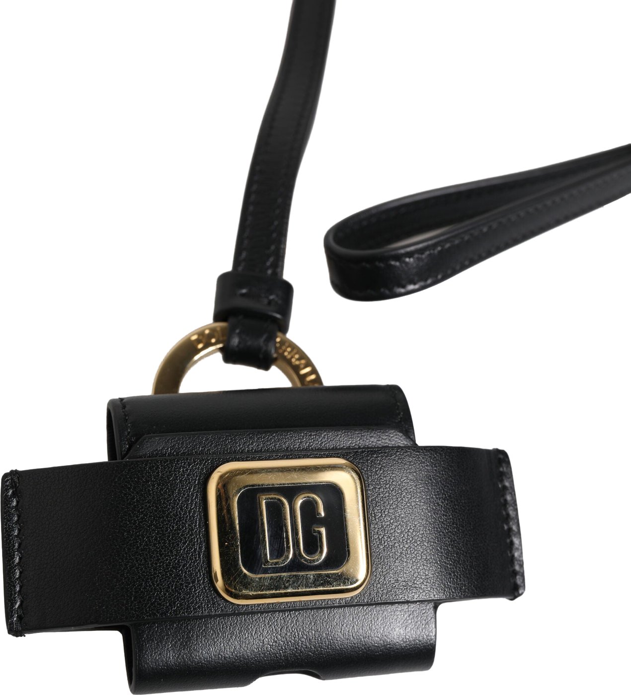 Dolce & Gabbana Black Leather Strap Gold Metal Logo Plaque Airpods Case