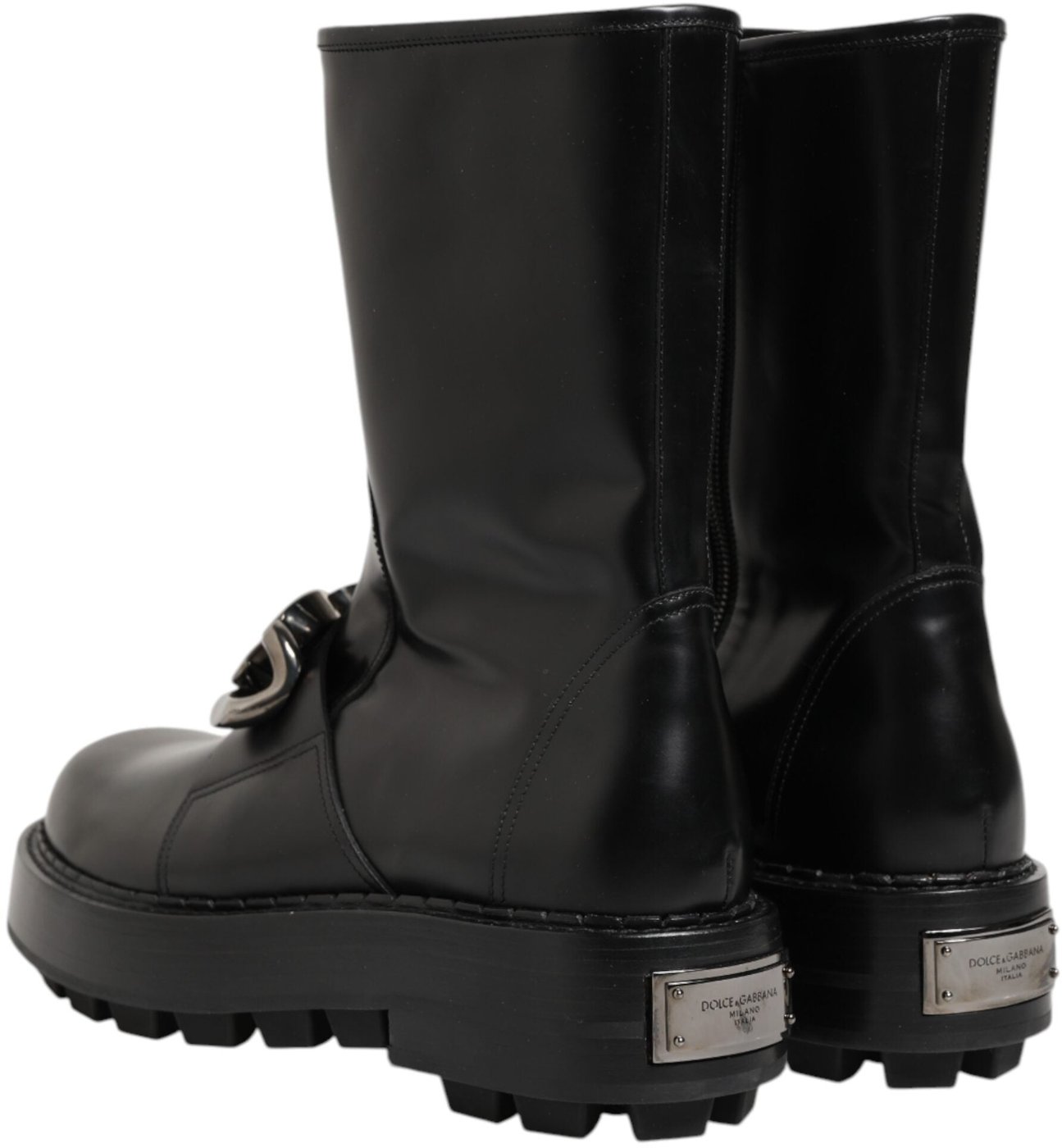 Dolce & Gabbana Black Logo Plaque Mid Calf Biker Boots Shoes