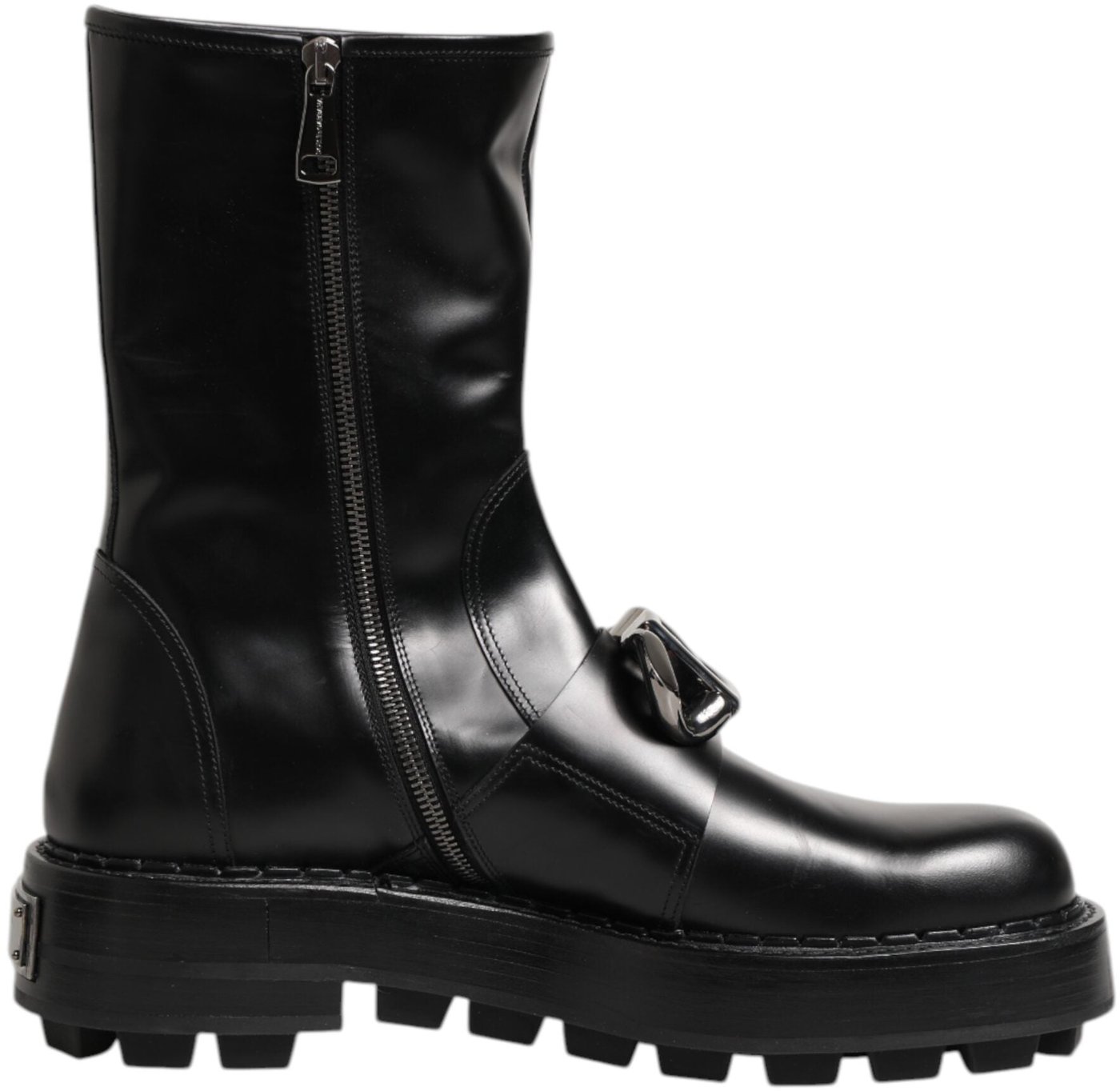 Dolce & Gabbana Black Logo Plaque Mid Calf Biker Boots Shoes