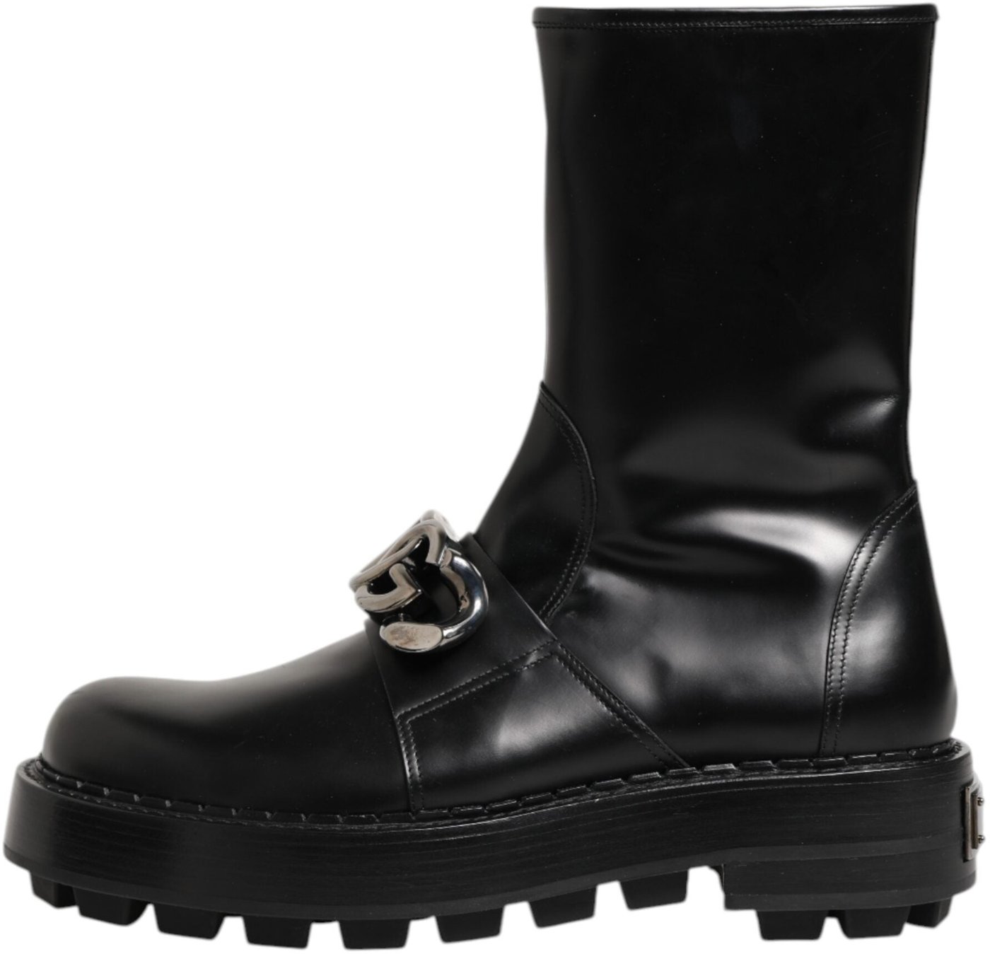 Dolce & Gabbana Black Logo Plaque Mid Calf Biker Boots Shoes