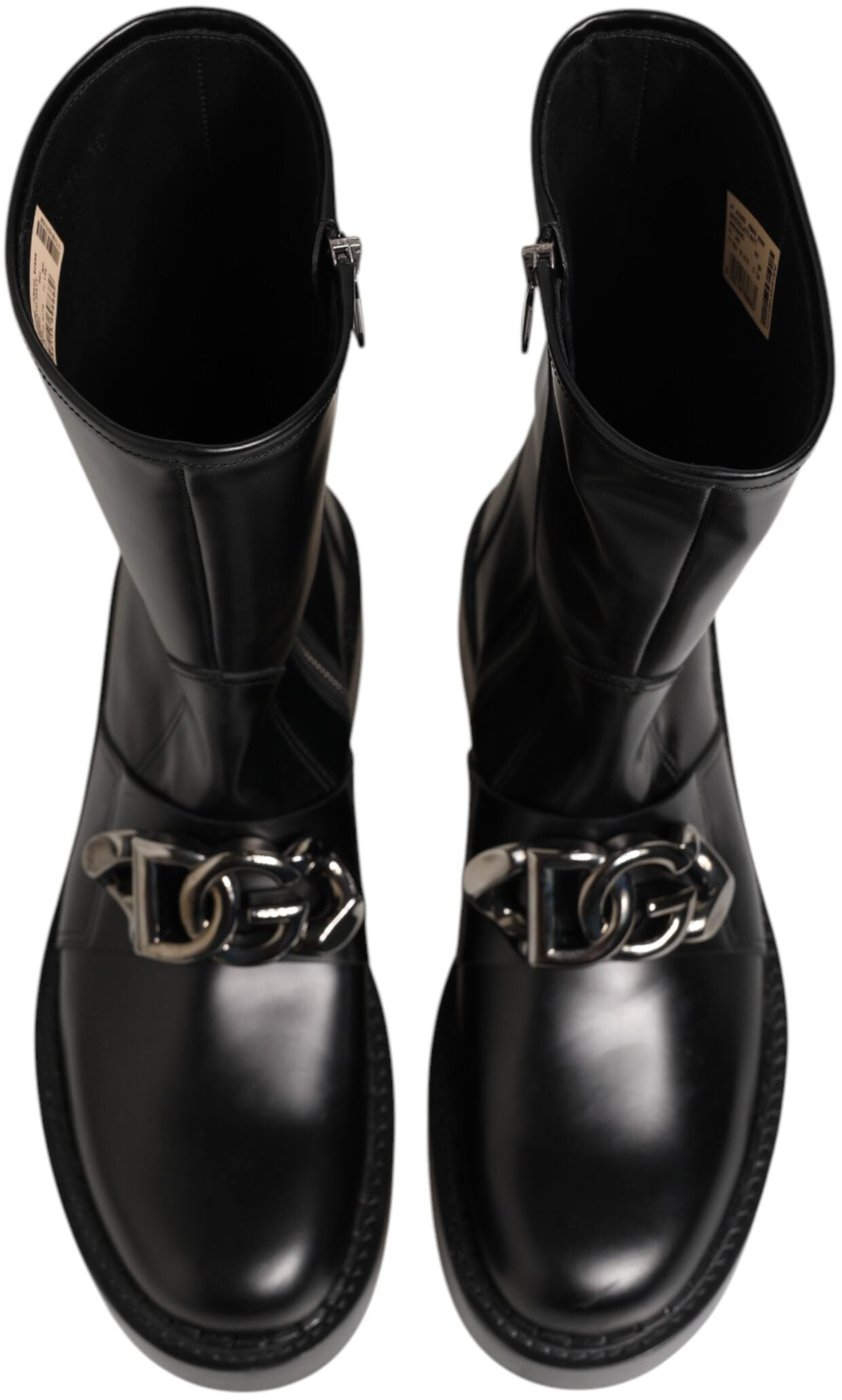 Dolce & Gabbana Black Logo Plaque Mid Calf Biker Boots Shoes