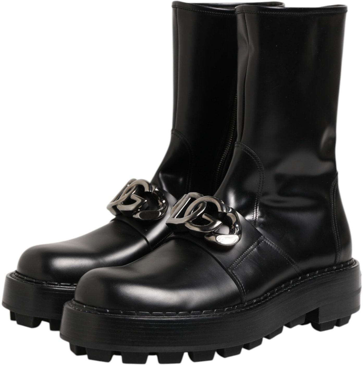 Dolce & Gabbana Black Logo Plaque Mid Calf Biker Boots Shoes