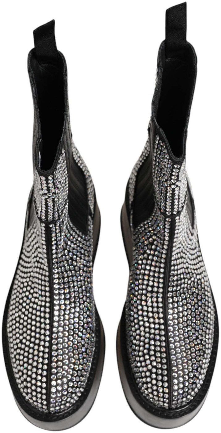 Dolce & Gabbana Black Crystal Strass Mid Calf Short Boots Shoes