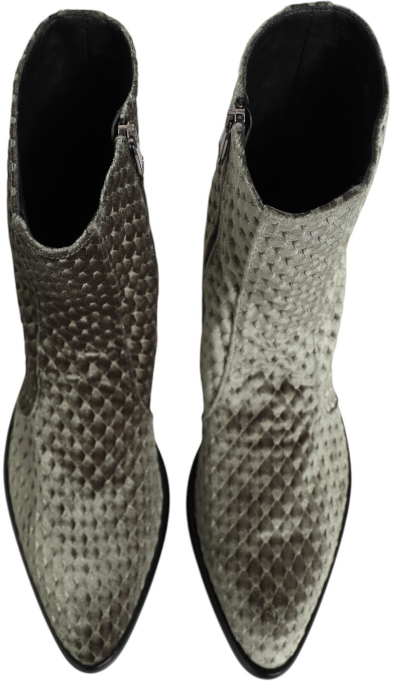 Dolce & Gabbana Gray Cotton Velvet Mid Calf Short Boots Shoes