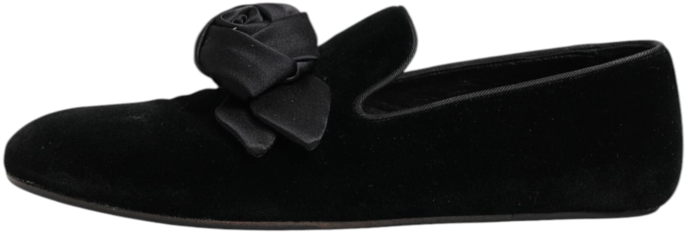 Dolce & Gabbana Black Suede Cotton Rose Slip On Loafers Shoes