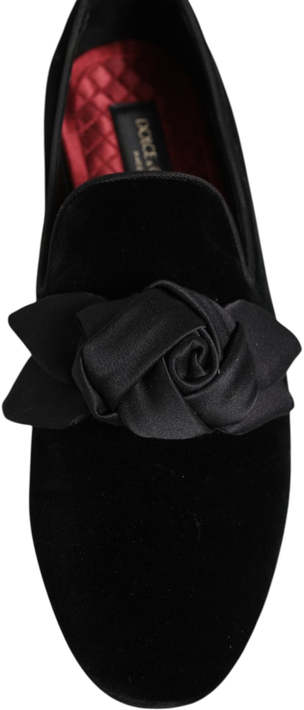 Dolce & Gabbana Black Suede Cotton Rose Slip On Loafers Shoes